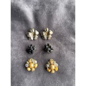 Vintage Clip On Earrings Lot 3 Pairs Gold Tone Black Beaded Floral Retro